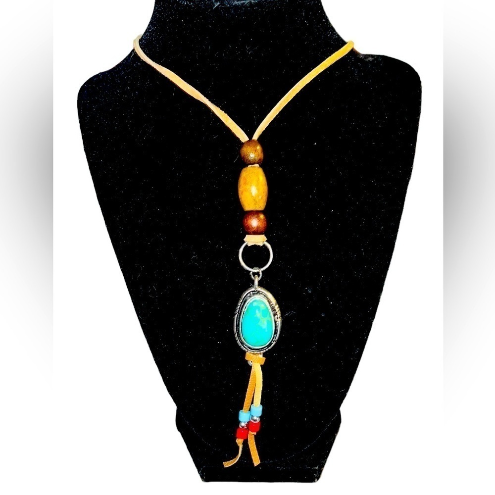 ARTSY ECCLECTIC 19” NECKLACE BROWN LEATHER FAUX TURQUOISE PENDANT SW BOHO
